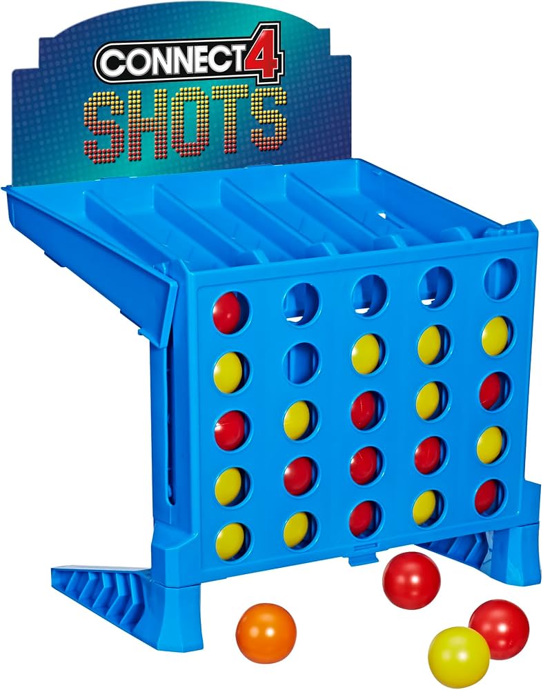 Connect 4 Shots game with colorful discs on a blue stand against a white background