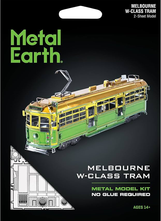 Metal Earth Melbourne W-Class Tram metal model kit packaging on a black background, showing a green and yellow tram illustration, product text, and two small black tools at the bottom.