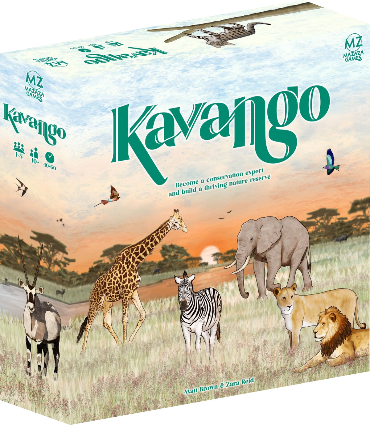 Board game box for 'Kavango' with animals and scenic design