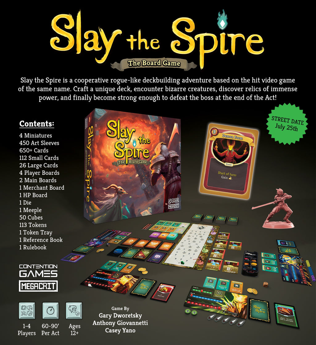 Slay the Spire board game packaging with components on a dark background