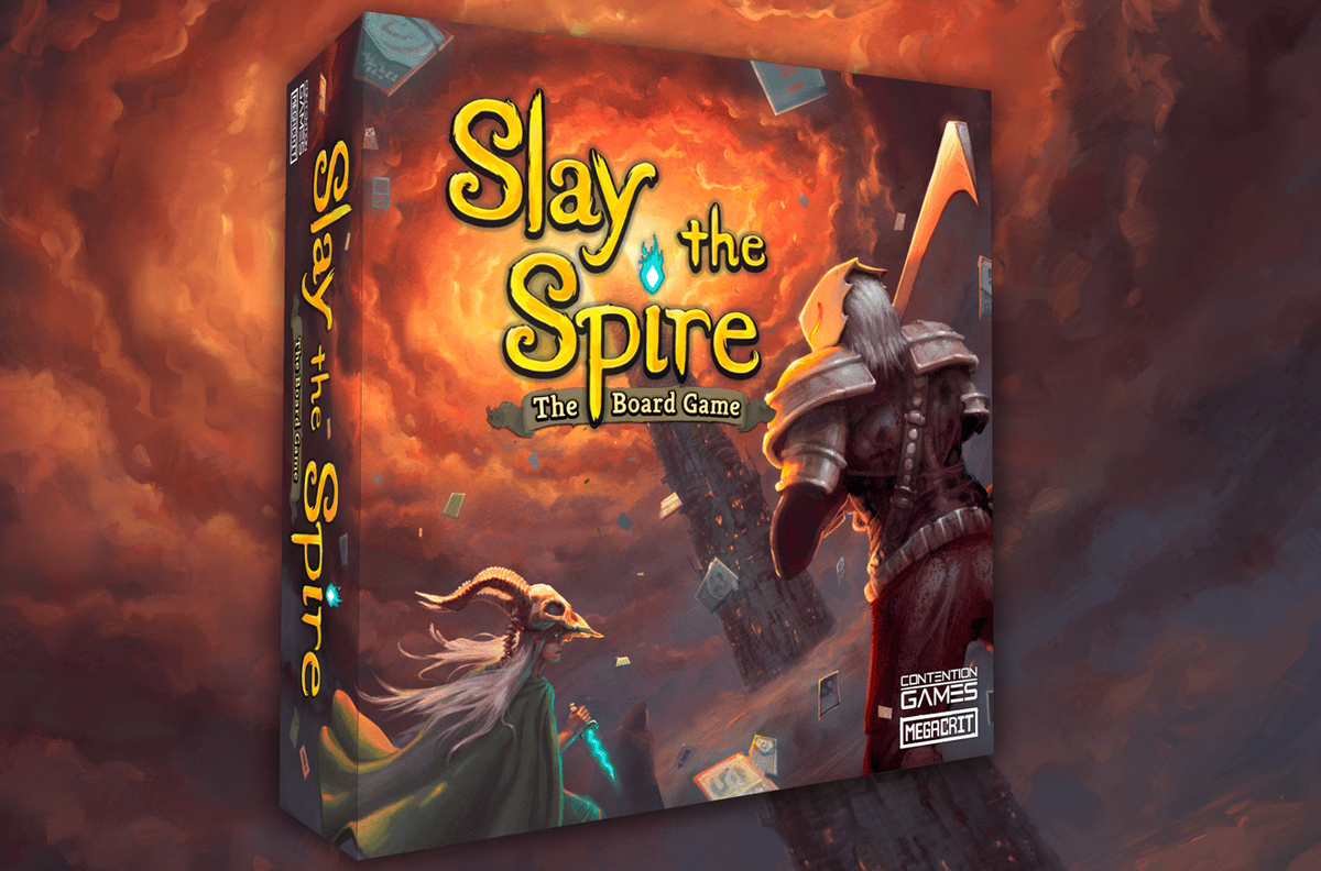 Board game box for 'Slay the Spire' with fantasy characters on a fiery background