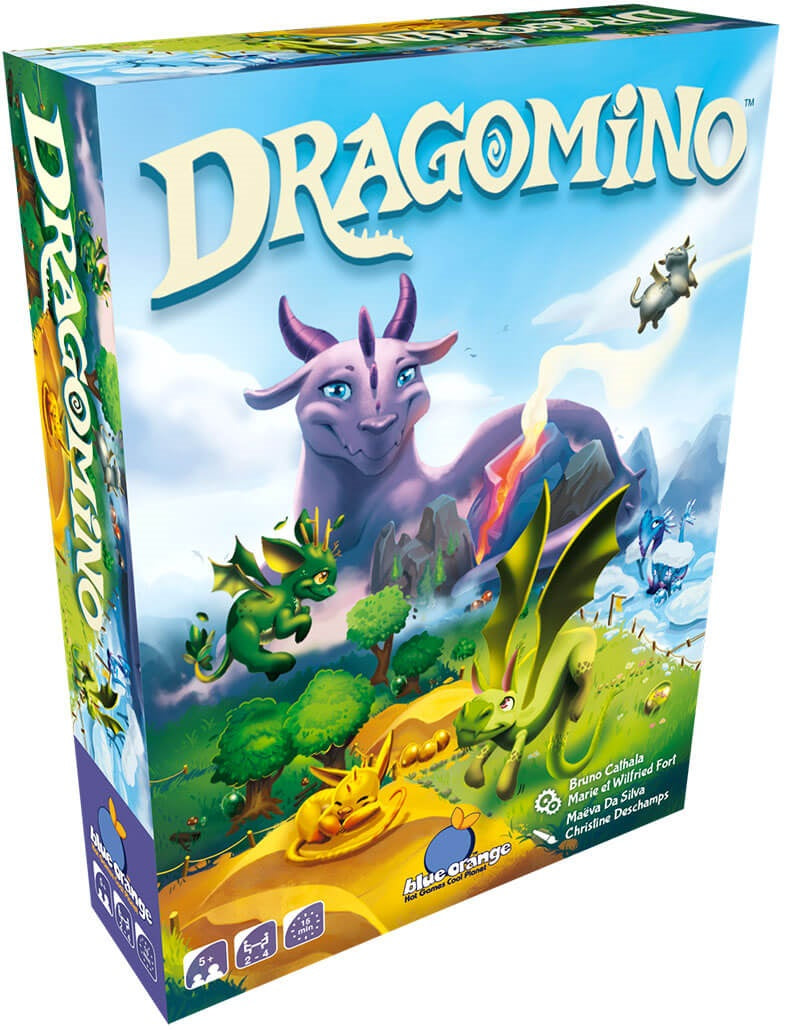 Board game box for 'Dragomino' with dragons and a landscape on the cover