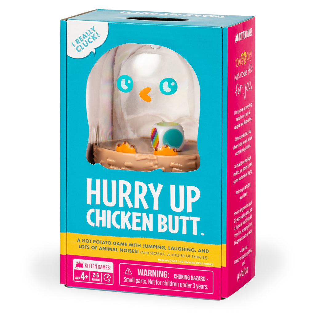 Box of 'Hurry Up Chicken Butt' game with colorful design and clear dome