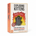 The retail box for the 'Exploding Kittens' card game, featuring a cartoon gray kitten in a red and yellow flame graphic on a cream-colored box with orange side panels.