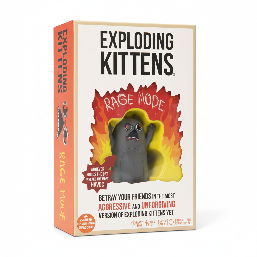 The retail box for the 'Exploding Kittens' card game, featuring a cartoon gray kitten in a red and yellow flame graphic on a cream-colored box with orange side panels.