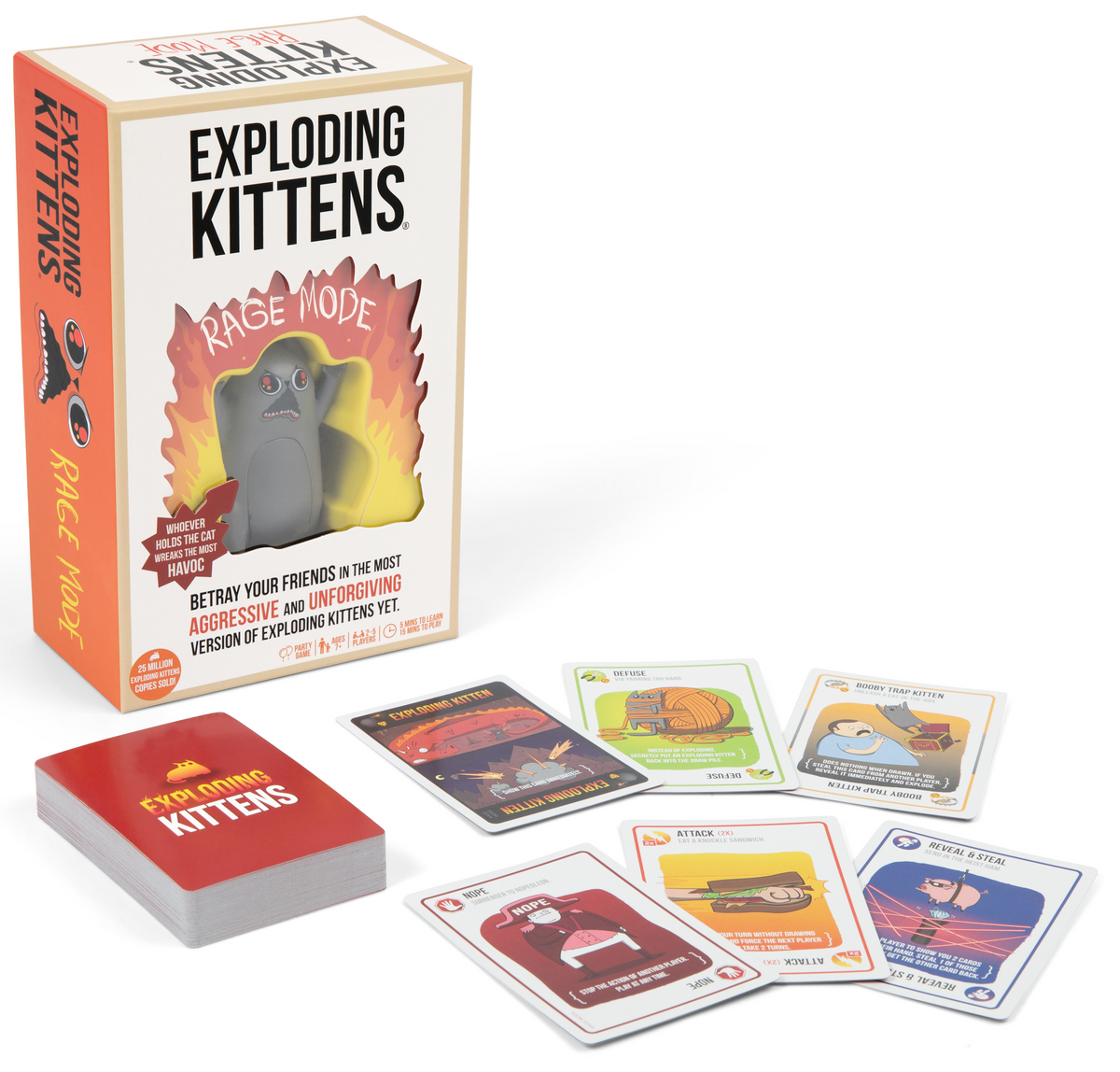 Exploding Kittens card game set with a cream and orange box, a red deck box, and several illustrated cards spread out on a white background.