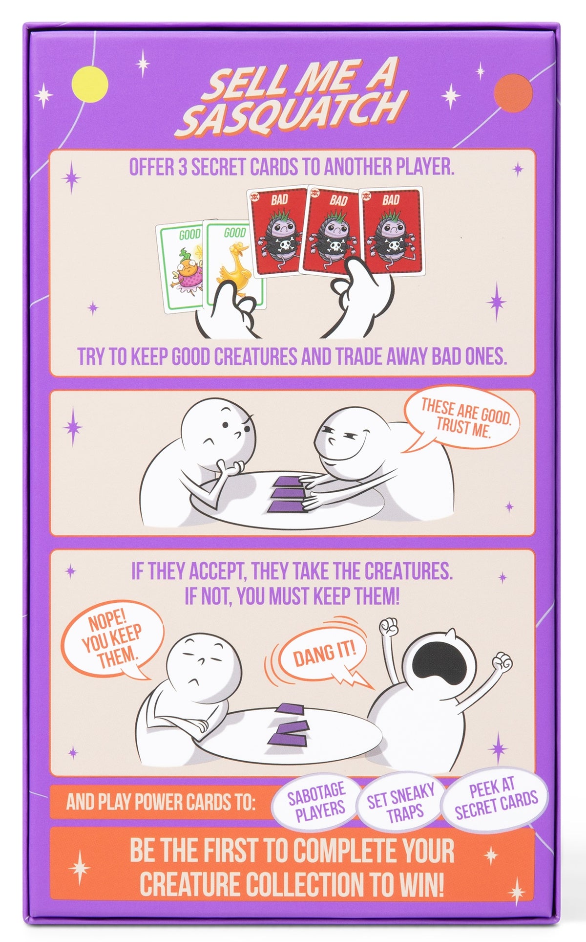 A comic-style product card or box front for a card game titled "SELL ME A SASQUATCH," with three illustrated panels showing cartoon characters and text about secret cards, creatures, and play power cards. The design uses purple borders, cream panels, orange accents, and small star illustrations.