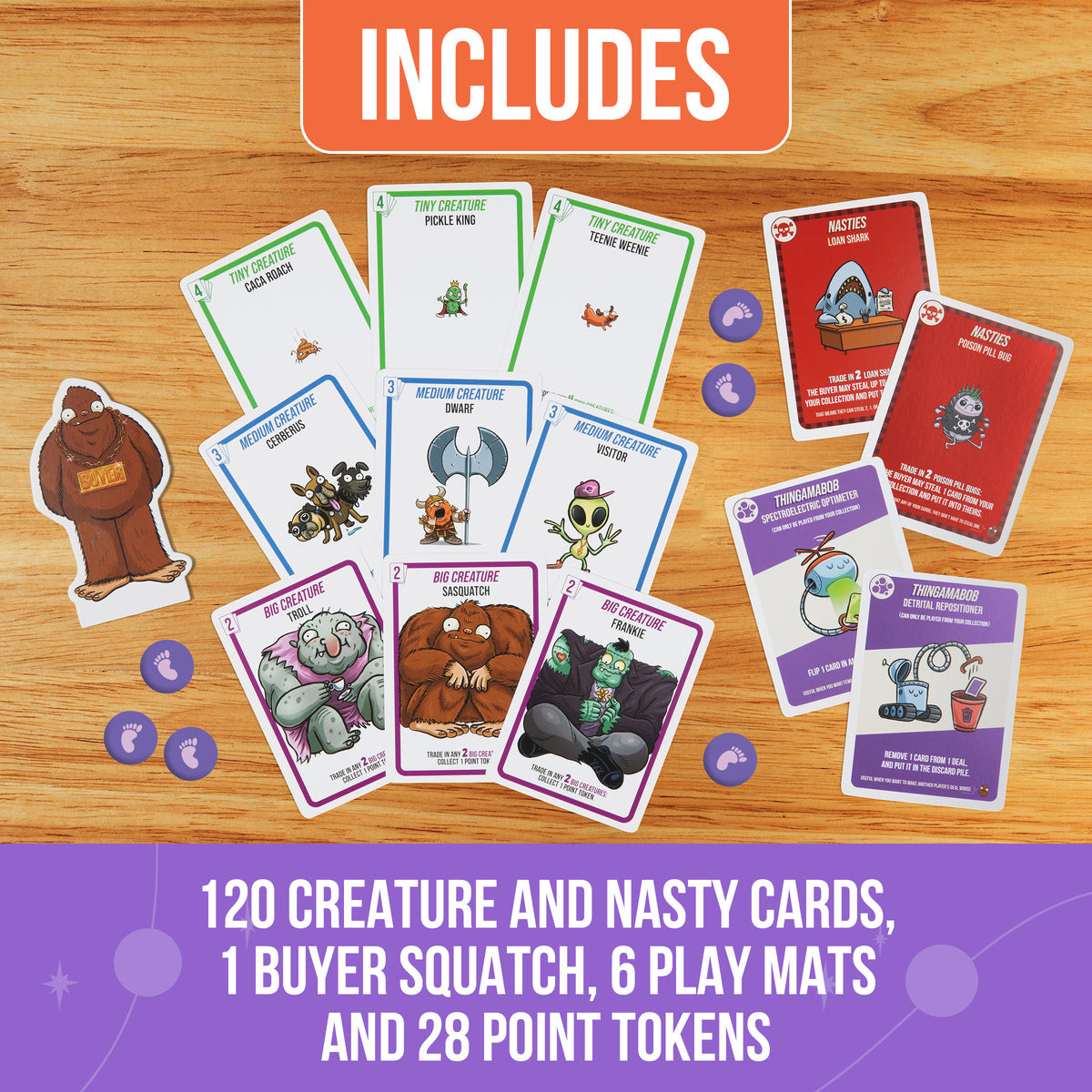 A product layout showing a card game set on a wooden surface, including multiple illustrated cards, purple point tokens, a brown creature figure, and a purple banner at the bottom with text listing included items: 120 creature and nasty cards, 1 buyer squatch, 6 play mats, and 28 point tokens.