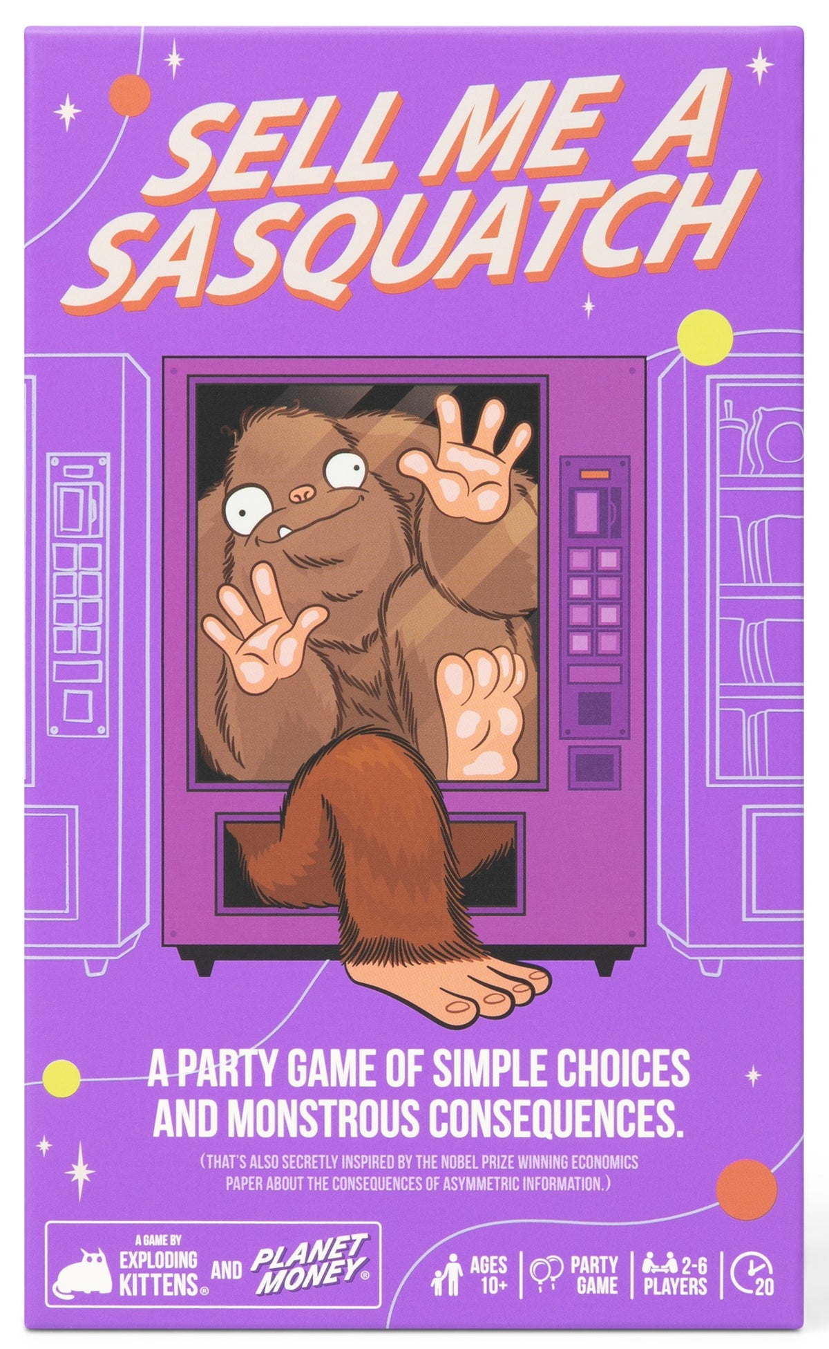 Front cover of the board game 'Sell Me a Sasquatch' by Explore Kittens and Planet Money, featuring a purple background with a cartoon sasquatch sitting in a vending machine.