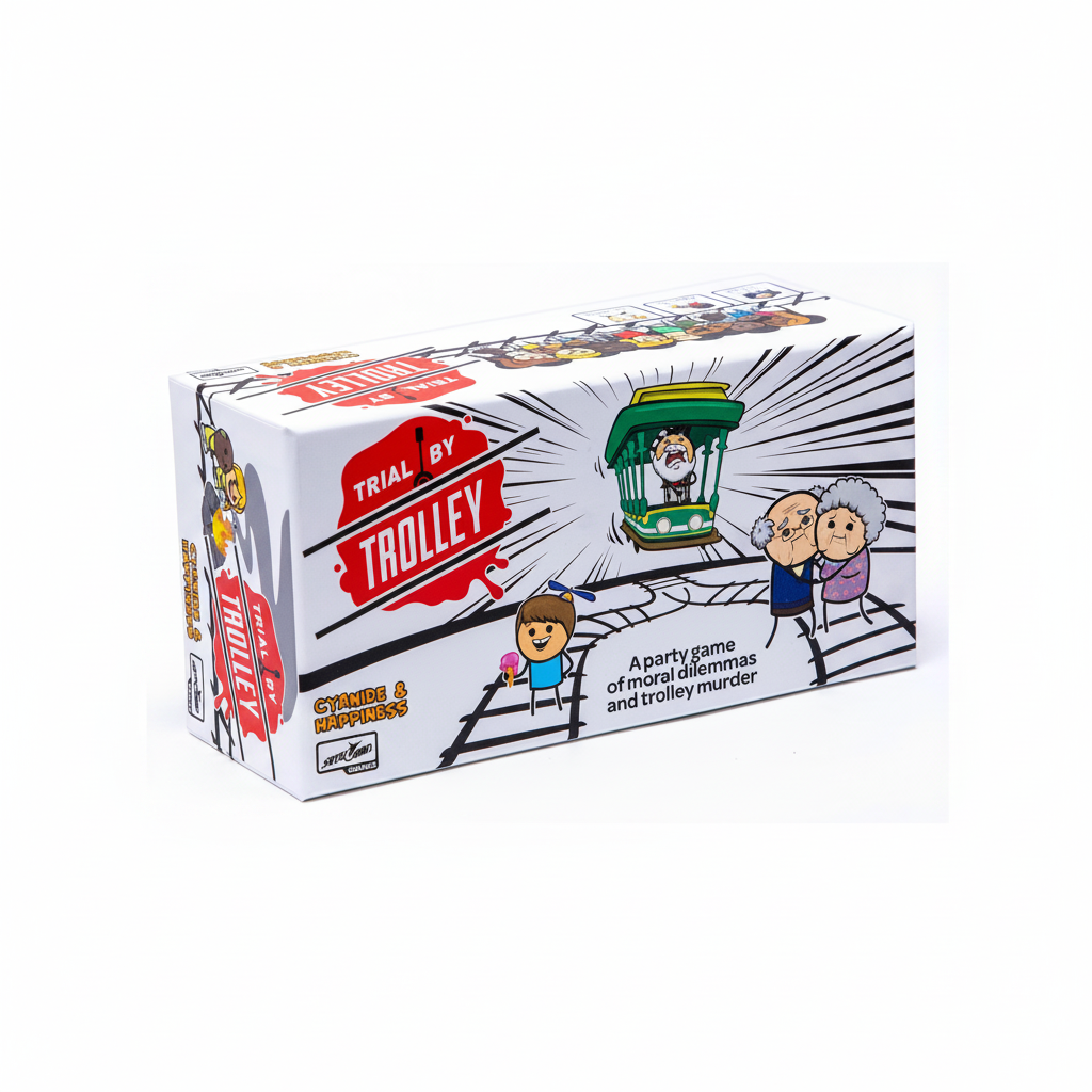 Box of 'Trial by Trolley' game by Cyanide & Happiness with cartoon characters and text.