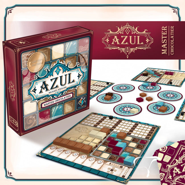 Azul board game set with pieces and a box on a white background