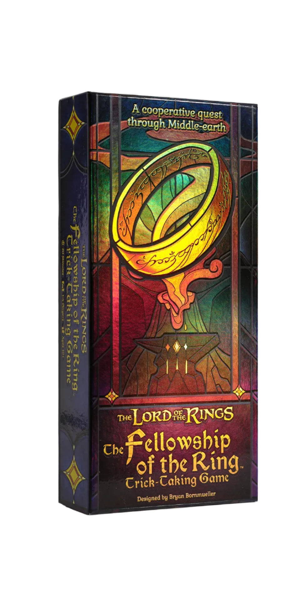 Board game box for 'The Lord of the Rings: The Fellowship of the Ring' with decorative design and text.