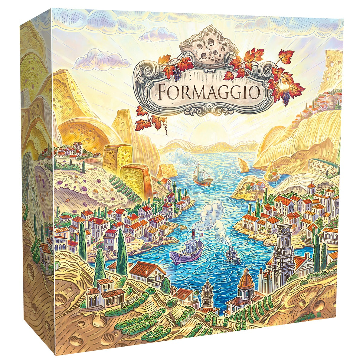 Board game box titled 'Formaggio' with a scenic Italian village and cheese design.