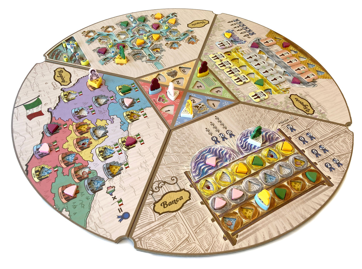 Round board game with colorful tiles and pieces on a white background