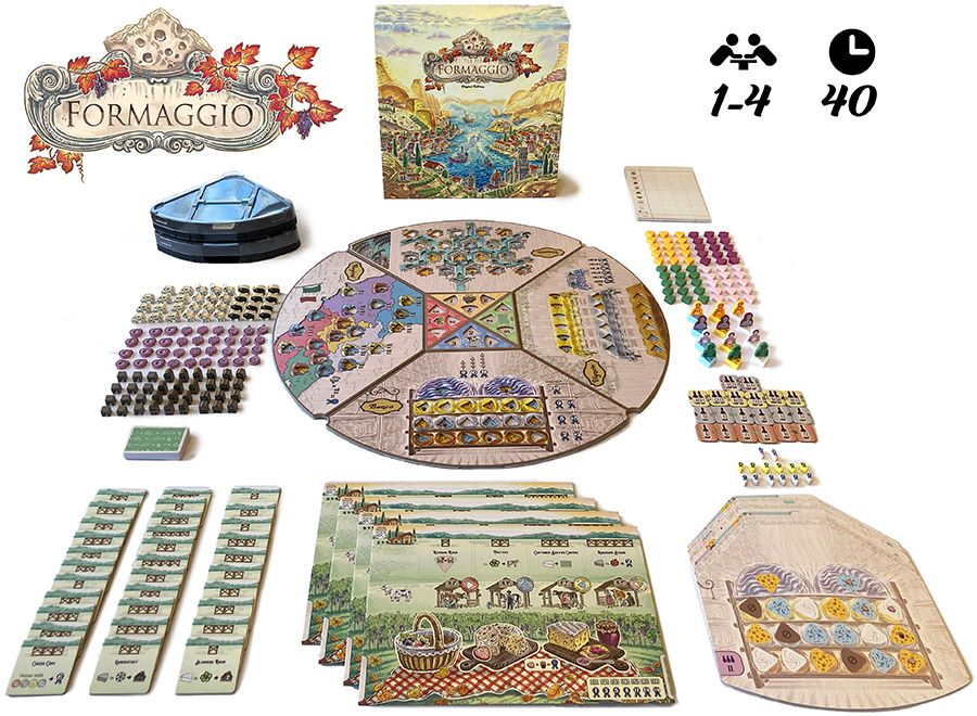 Board game components including a board, cards, and pieces with 'Formaggio' branding.