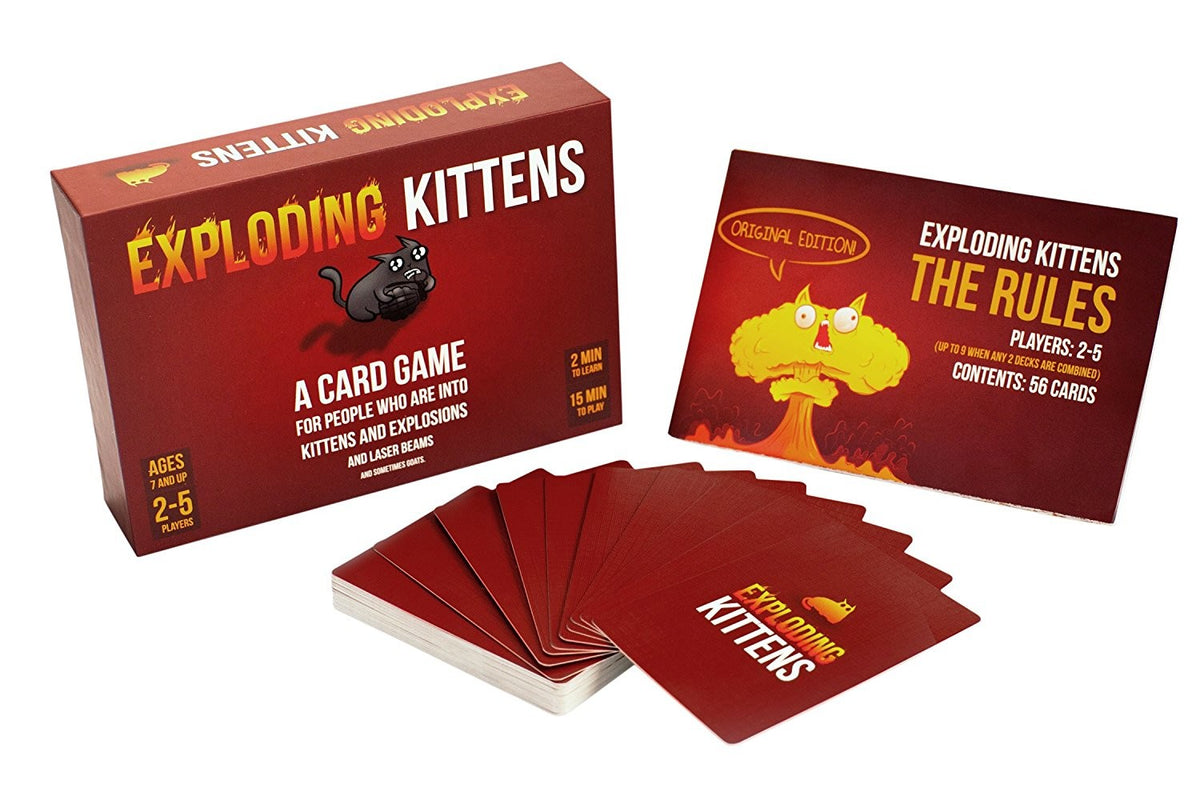 Exploding Kittens card game packaging with cards and rulebook on a white background