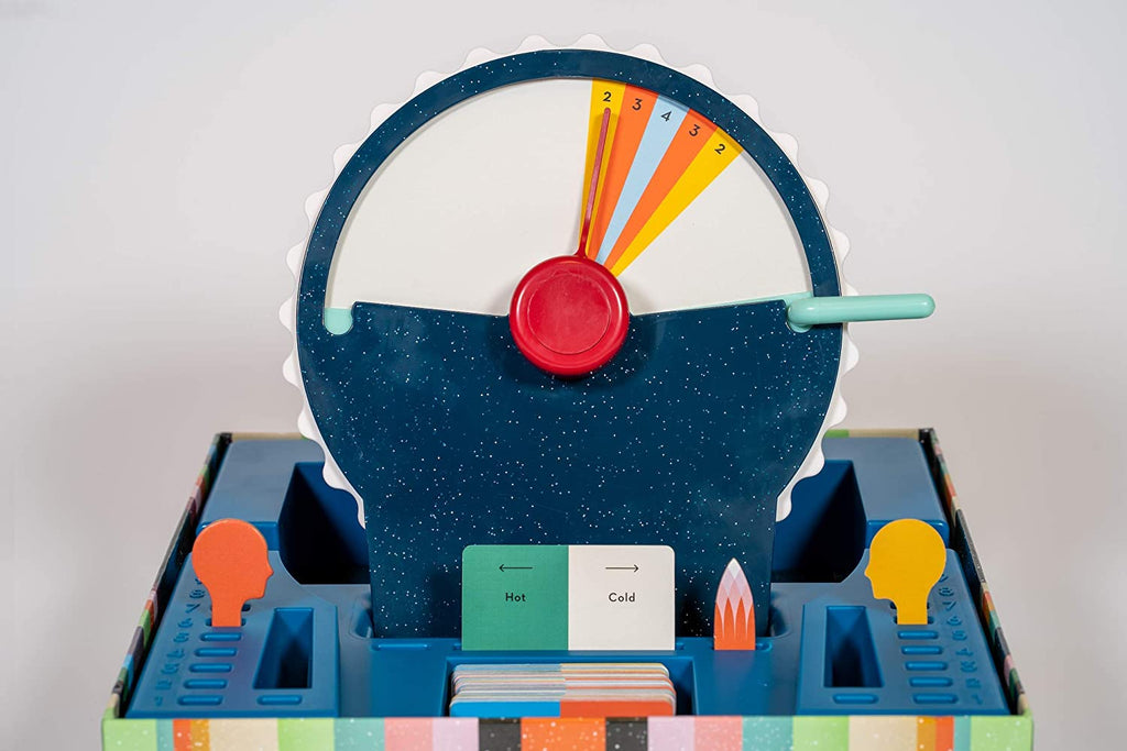 Colorful educational toy with a wheel and various compartments on a white background