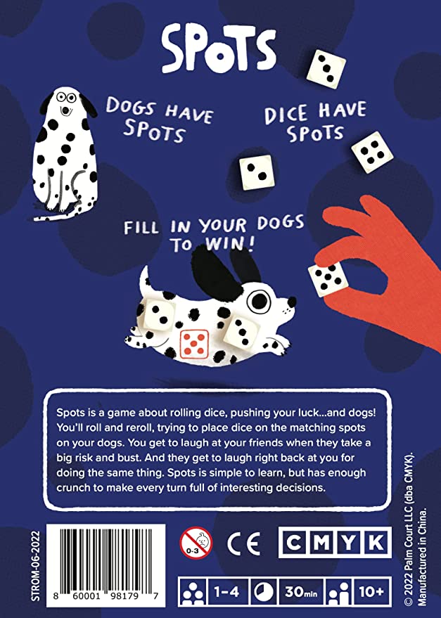 Game packaging for 'Spots' with dice and dog illustrations on a blue background