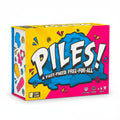 Board game box for 'Piles!' with colorful design and text.