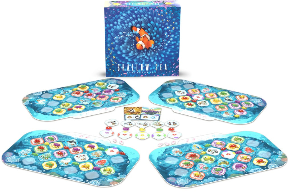 Shallow Sea board game box, a reef-building tile puzzle by Bad Comet