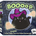 Board game box titled 'Boooop' featuring a black cat in a purple witch hat with ghost illustrations.