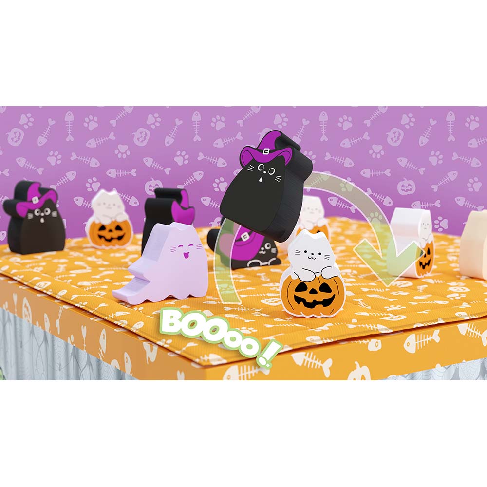Halloween-themed table cover with decorative items on a purple background