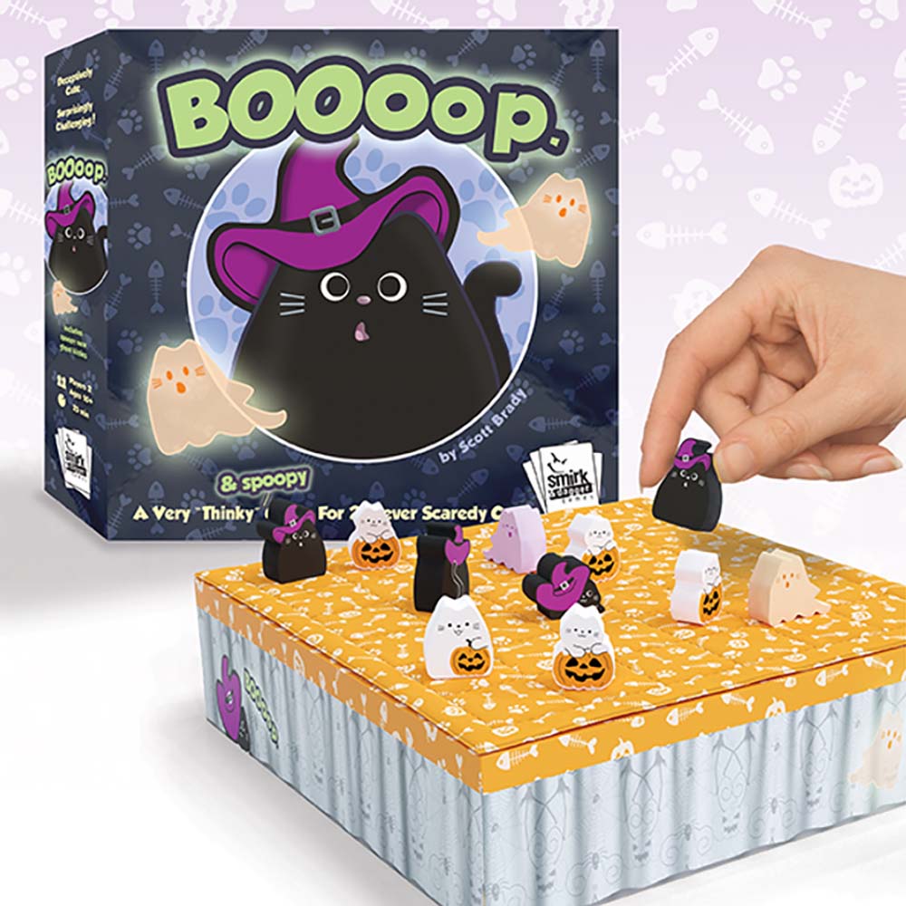 Halloween-themed game with figures and a box labeled 'BOOOop' on a light purple background.