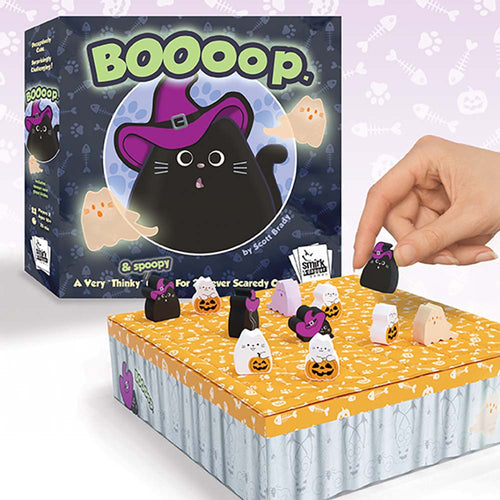 Halloween-themed game with figures and a box labeled 'BOOOop' on a light purple background.