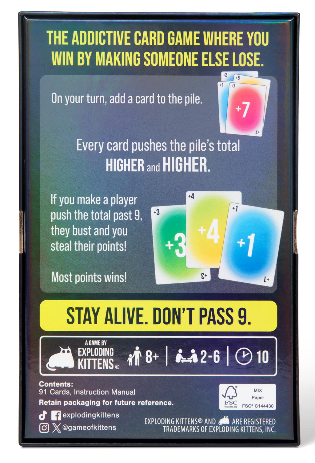 The back of the Exploding Kittens 'Stay Alive. Don't Pass 9.