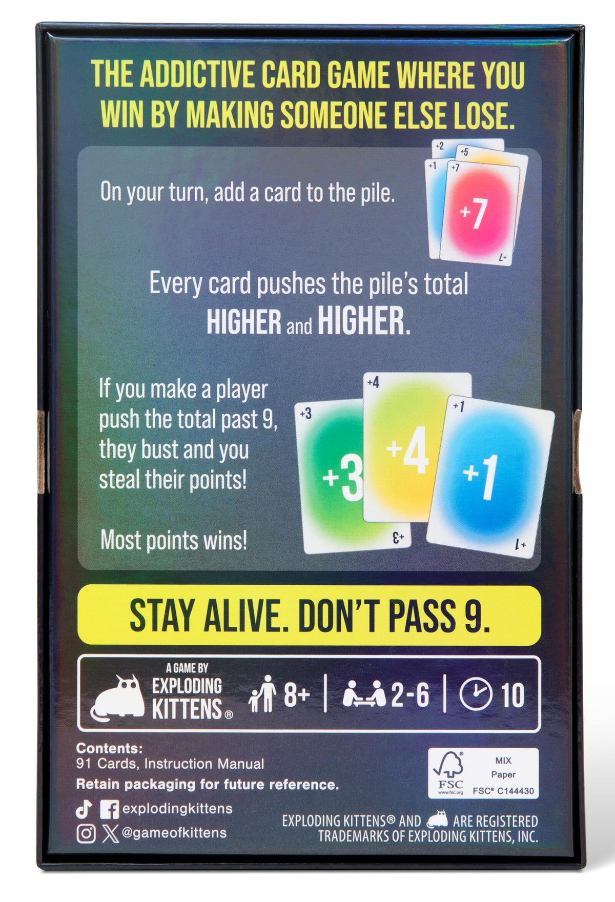 The back of the Exploding Kittens 'Stay Alive. Don't Pass 9.