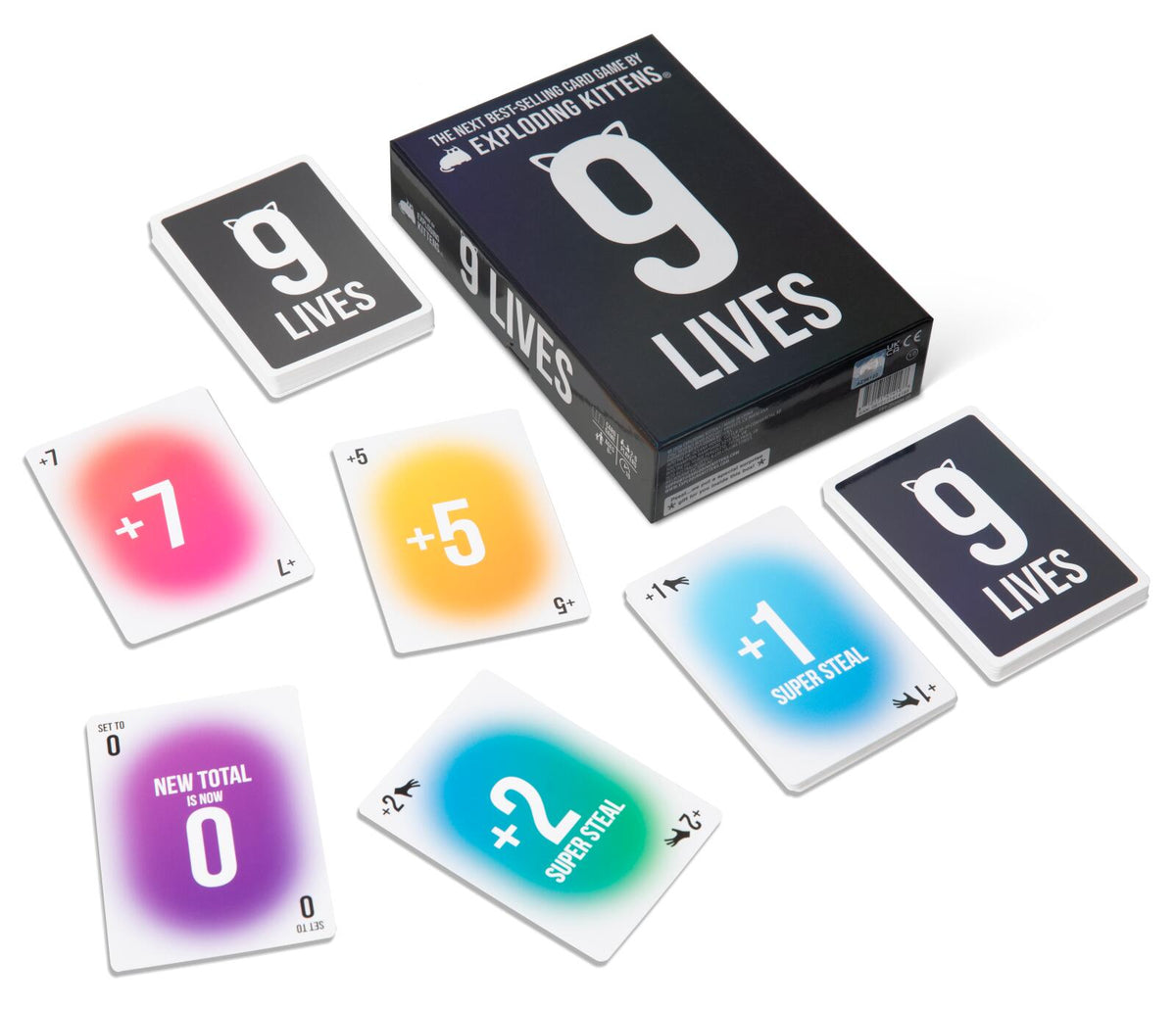 The board game '9 Lives' by Exploding Kittens, shown with its black and white box and several colorful cards on a clean white background.