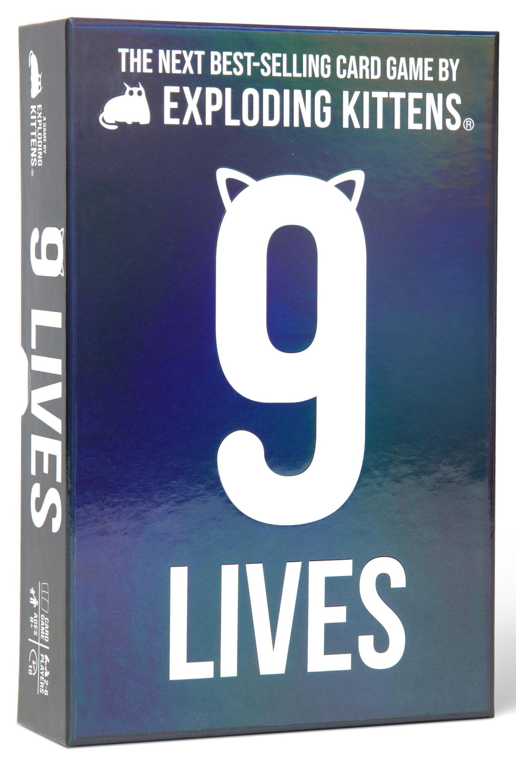 The card game box for '9 Lives' by Exploding Kittens, featuring a dark blue gradient background with a large white number 9 and the title '9 LIVES' in bold white text.