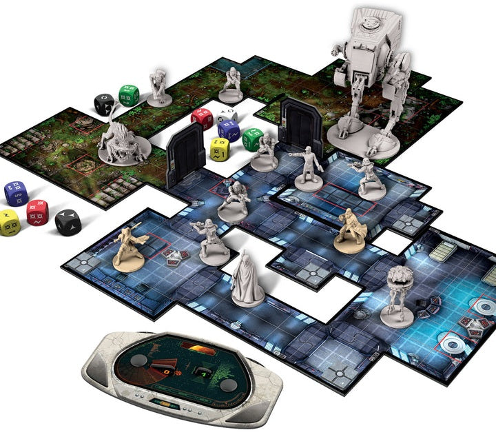 Board game with player figures and game pieces on a detailed board layout.