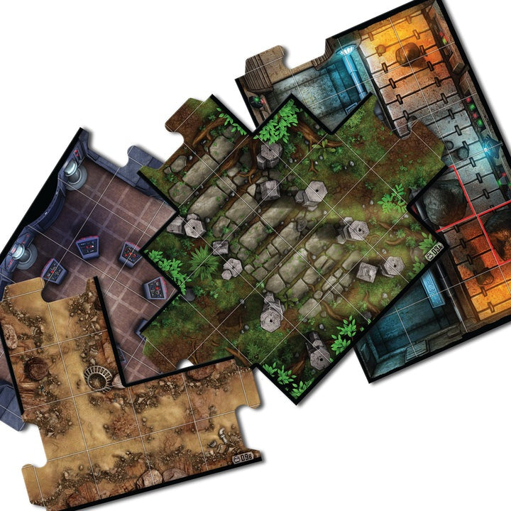 Set of puzzle-like game maps with different environments on a white background