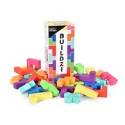 A colorful toy building block set with a vertical box labeled 'BUILD' standing upright, surrounded by scattered multicolored blocks on a plain white background.