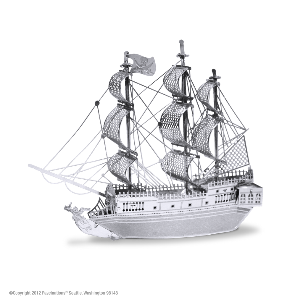 A detailed 3D metal model of a three-masted sailing ship, shown in silver against a plain white background with a soft shadow underneath.