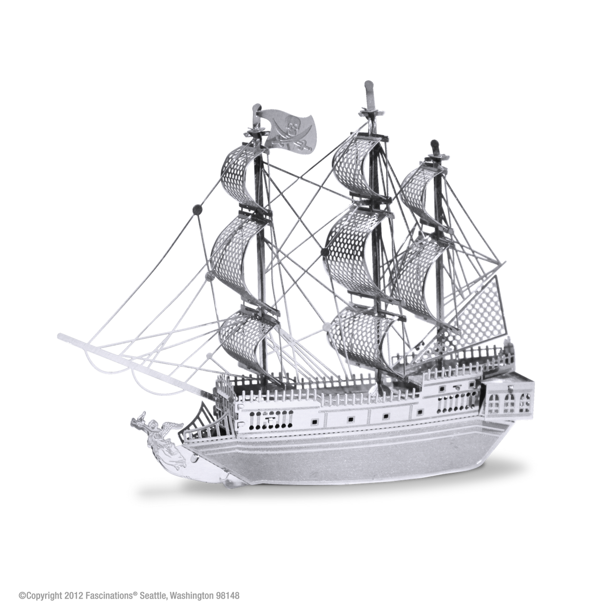 A detailed 3D metal model of a three-masted sailing ship, shown in silver against a plain white background with a soft shadow underneath.