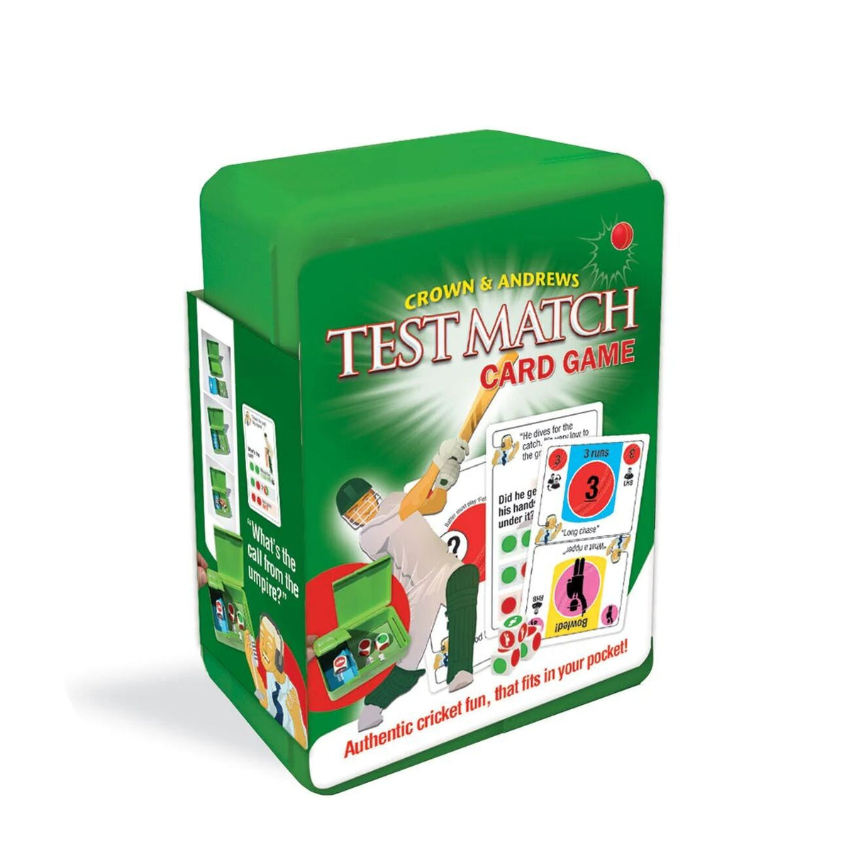 Green box of Crown & Andrews Test Match Card Game with cricket-themed illustrations.