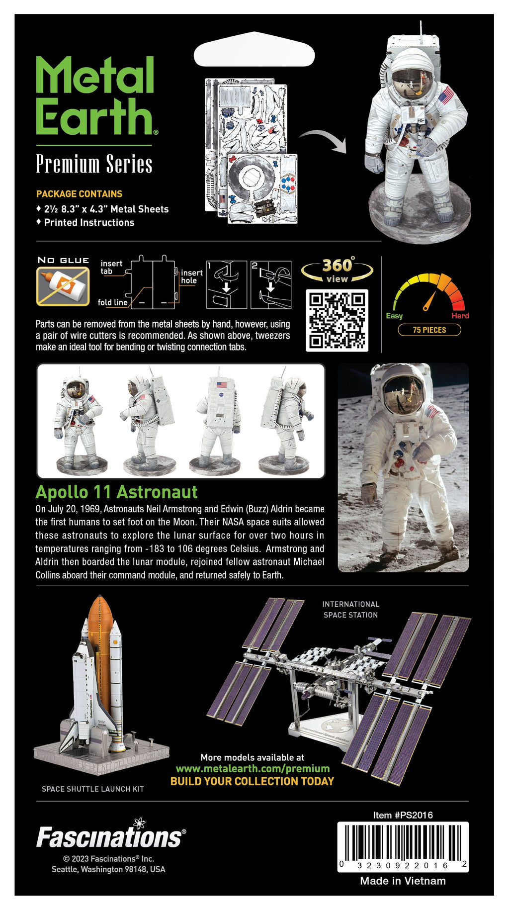 Metal Earth Apollo 11 Astronaut model kit packaging with assembly instructions and images of the model.