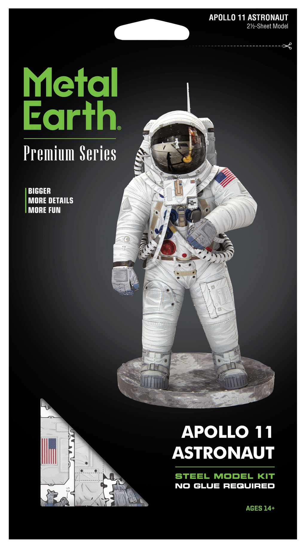 Metal Earth Apollo 11 Astronaut model kit packaging on a black background