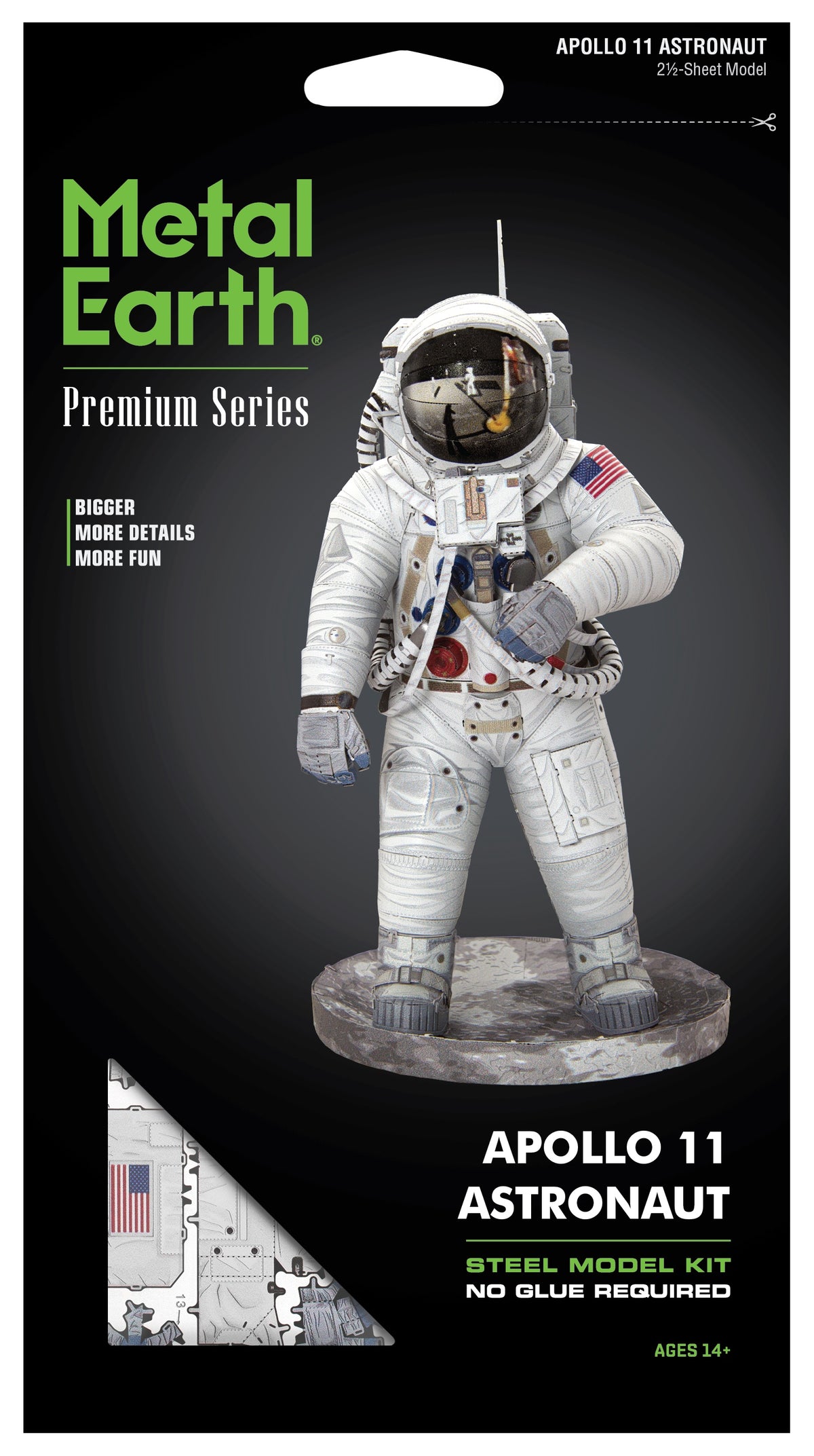Metal Earth Apollo 11 Astronaut model kit packaging on a black background