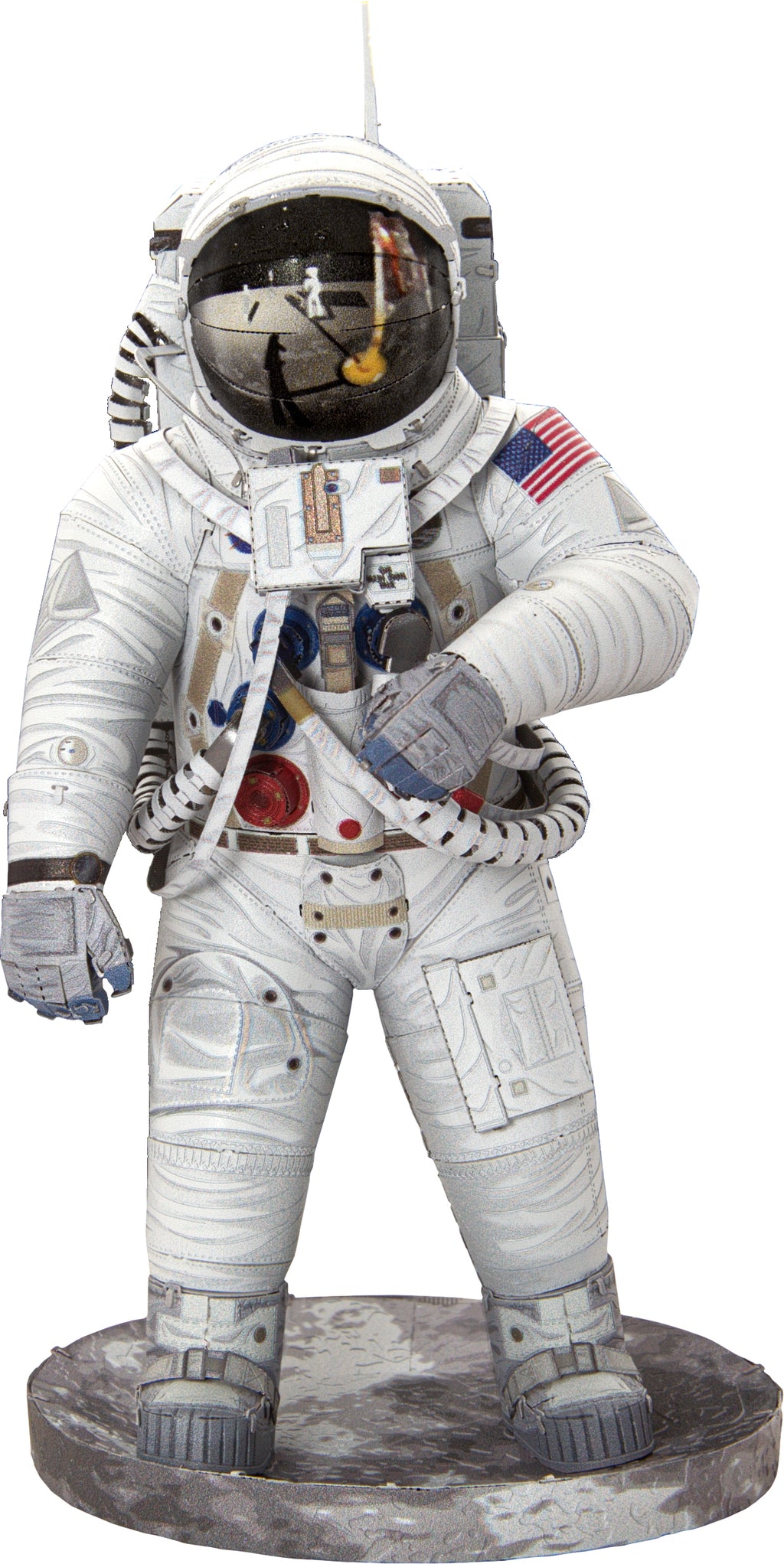 Statue of an astronaut in a detailed space suit with an American flag patch on a white background