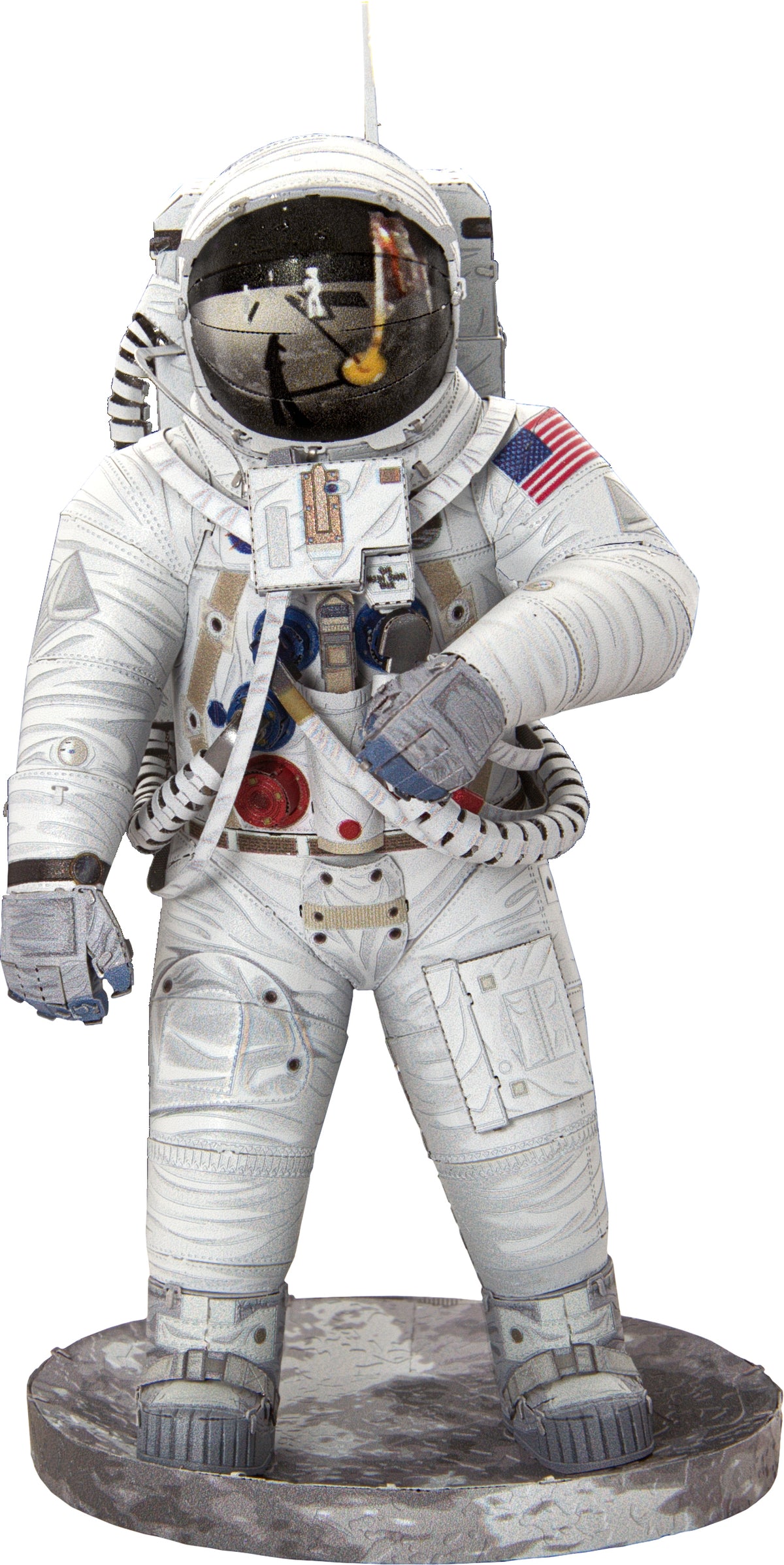 Statue of an astronaut in a detailed space suit with an American flag patch on a white background