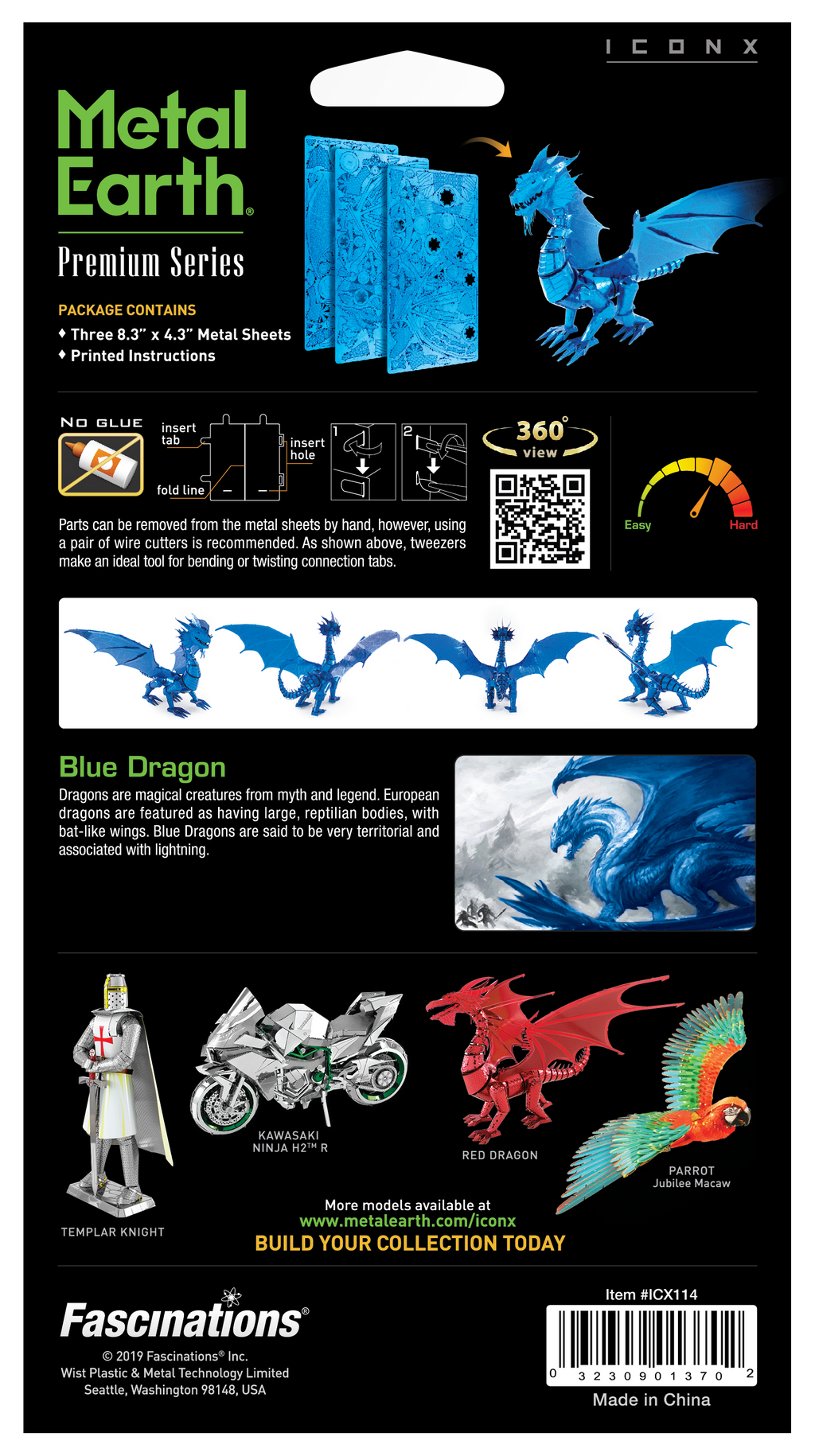 Back of a Metal Earth Premium Series dragon sheet package by ICONX and Fascinations, showing blue dragon artwork, package contents, dimensions, instructions, and other model examples including a motorcycle, red dragon, and parrot.