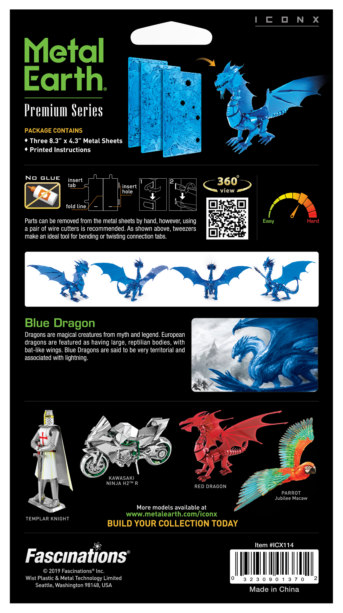 Back of a Metal Earth Premium Series dragon sheet package by ICONX and Fascinations, showing blue dragon artwork, package contents, dimensions, instructions, and other model examples including a motorcycle, red dragon, and parrot.