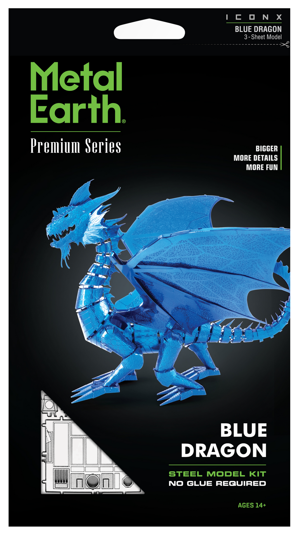 Metal Earth Premium Series Icon X Blue Dragon 3-sheet model kit packaging on a black background, showing a assembled translucent blue dragon and product details.