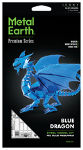 Metal Earth Premium Series Icon X Blue Dragon 3-sheet model kit packaging on a black background, showing a assembled translucent blue dragon and product details.