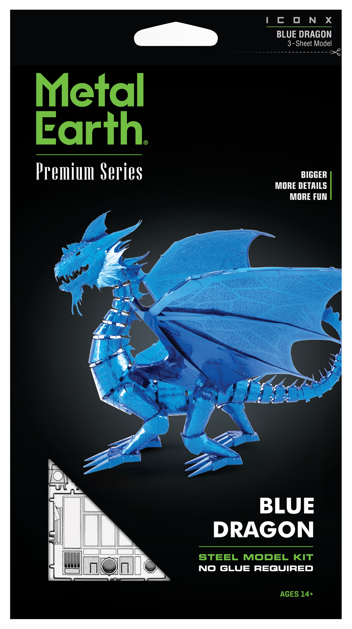 Metal Earth Premium Series Icon X Blue Dragon 3-sheet model kit packaging on a black background, showing a assembled translucent blue dragon and product details.