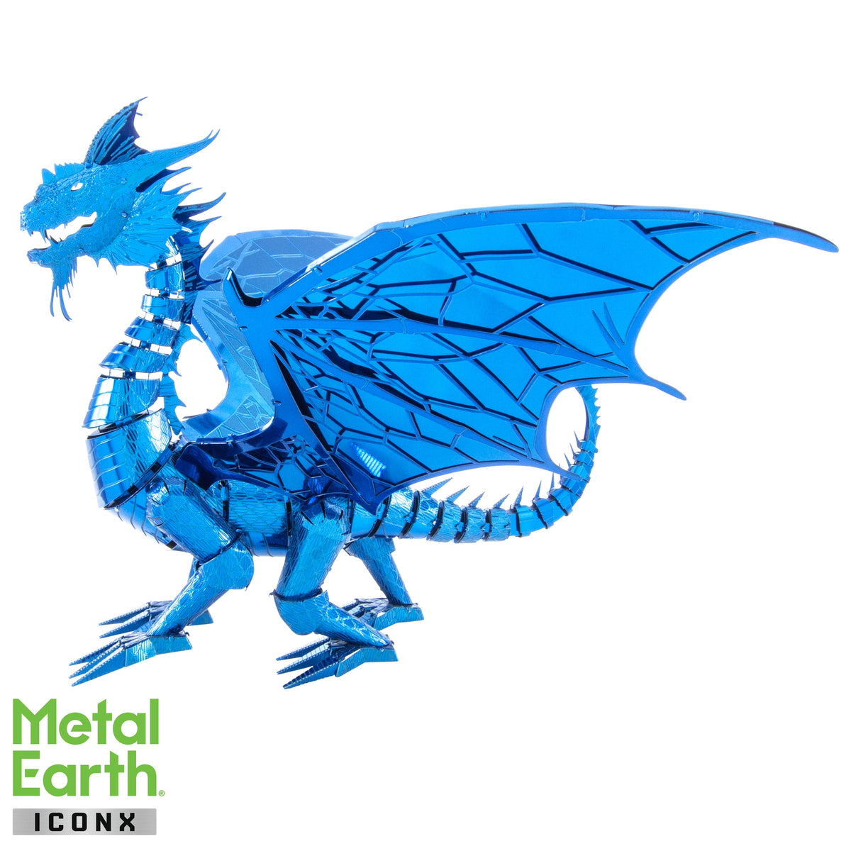 A metallic blue dragon model with intricate wing and body panel details, shown on a plain white background with the Metal Earth Iconx logo in the bottom-left corner.
