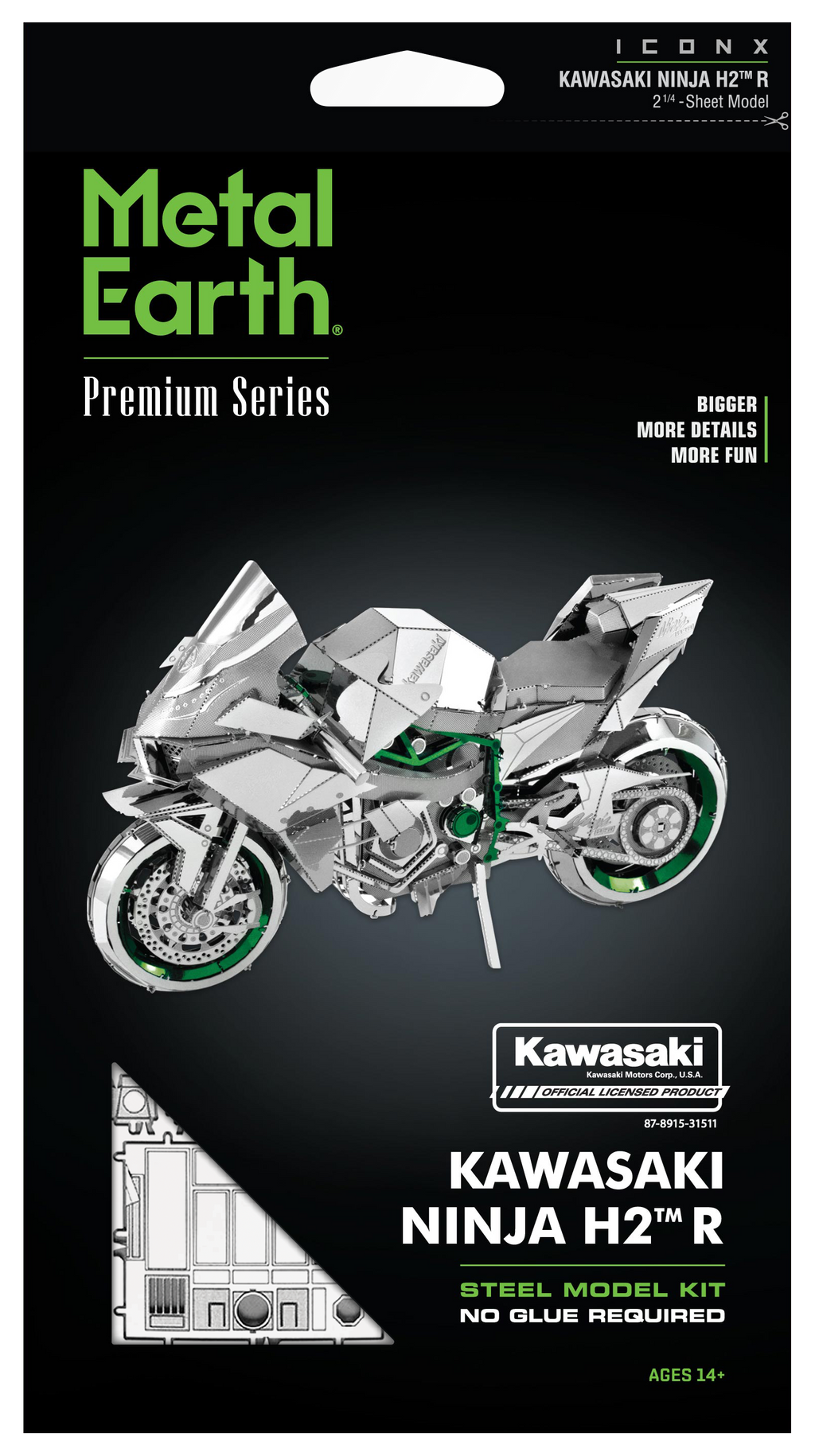 Metal Earth Premium Series Kawasaki Ninja H2 R 2nd Sheet Model kit packaging, featuring a 3D-rendered silver motorcycle on a black background with green and white text.